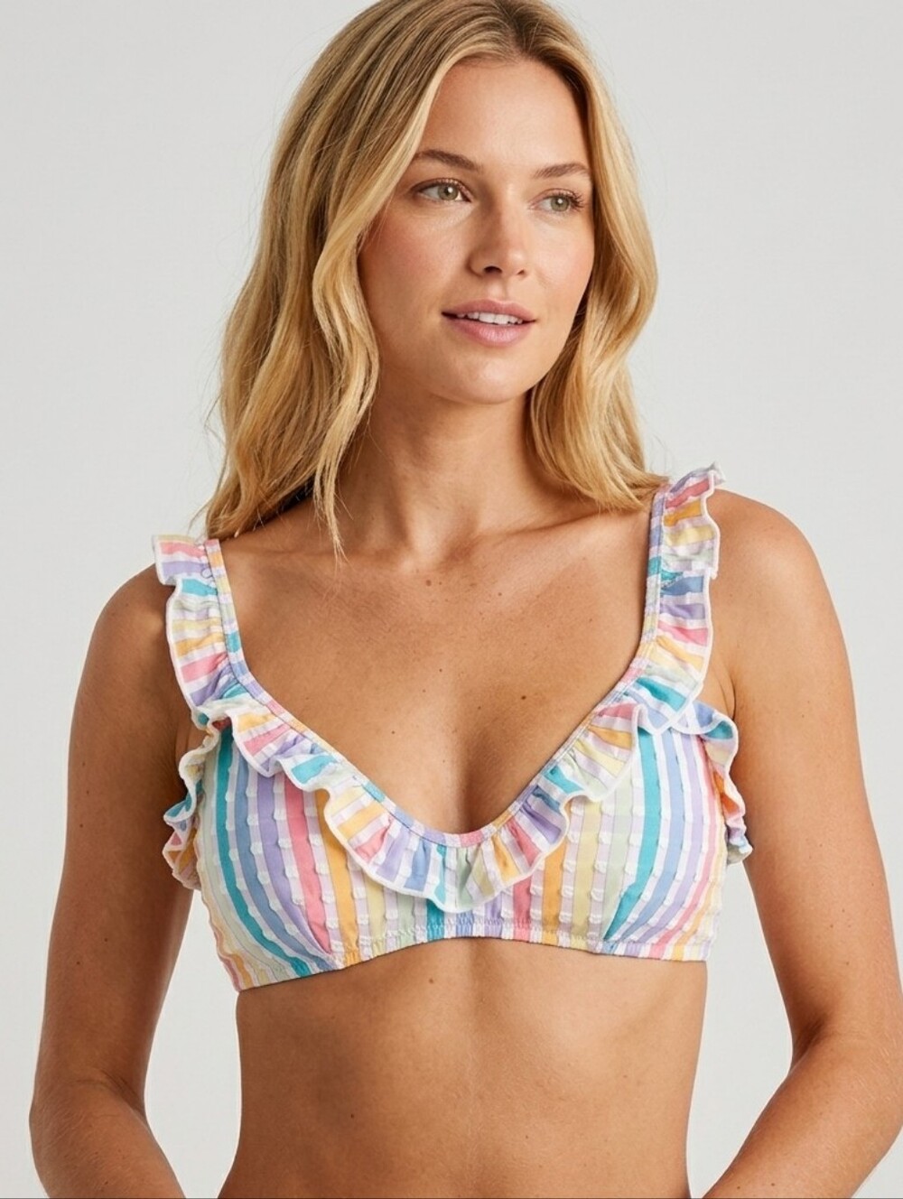 NWOT J. Crew Pastel Rainbow Stripe Ruffle Seersucker Bikini Top XS